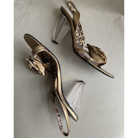 Dolce Gabbana Gold Leather Sandal Size 38.5 Clear Acrylic Heels Cheetah Leopard - Picture 10 of 14